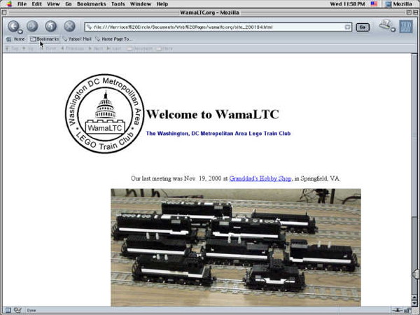 WamaLTC site home page as it appeared in April of 2001 with logo and one photograph of Norfolk Southern diesels.